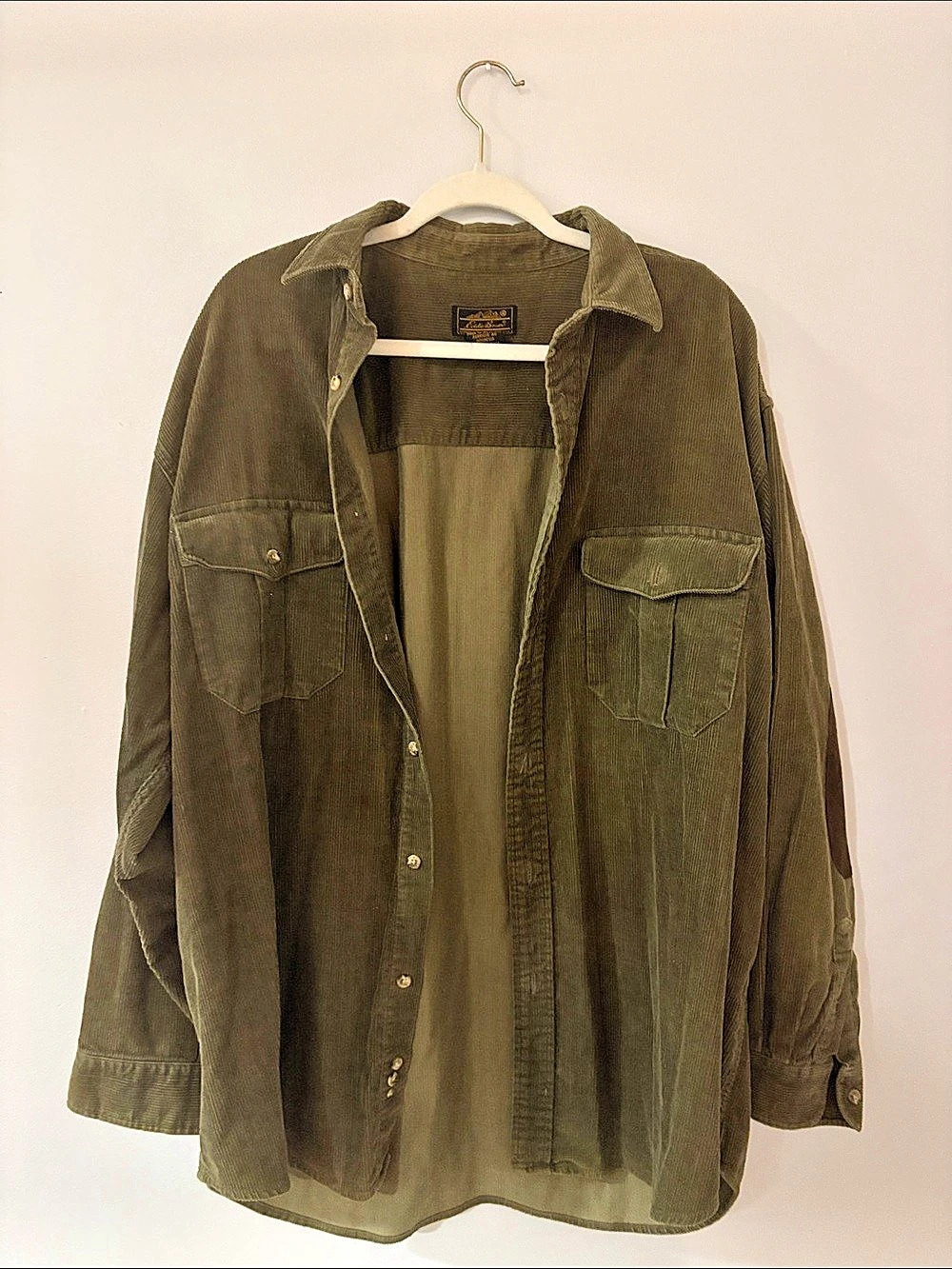 Eddie Bauer Corduroy Utility Field Jacket in Green with suede patches on elbows